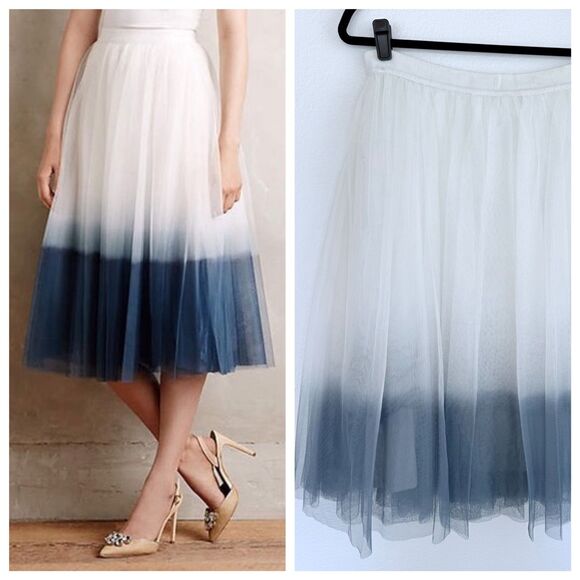 NWT Anthropologie Bailey 44 Dipped Tulle Full Midi Skirt in White & Blue Size SP - Picture 1 of 10